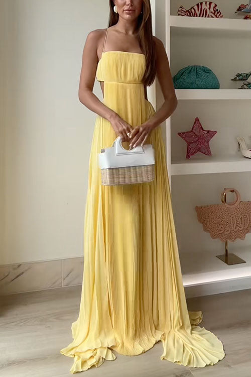 Karleedress Spaghetti Strap Back Cut Out Pleated Maxi Dress