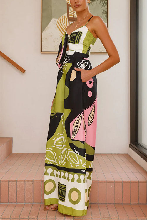 Karleedress Tie Front Cut Out Wide Leg Printed Cami Jumpsuit