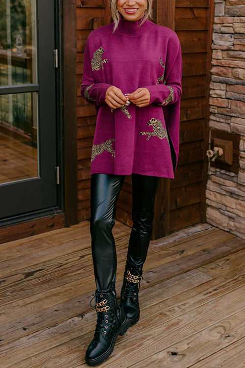 Karleedress High Neck Side Slit Cheetah Pattern Sweater