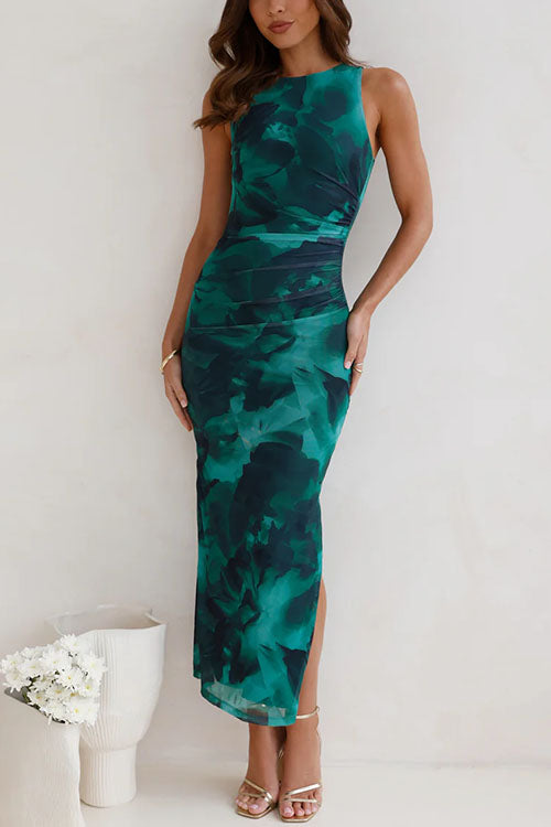 Karleedress Sleeveless Side Slit Printed Bodycon Midi Dress