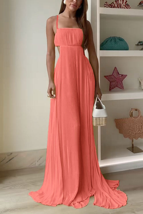 Karleedress Spaghetti Strap Back Cut Out Pleated Maxi Dress
