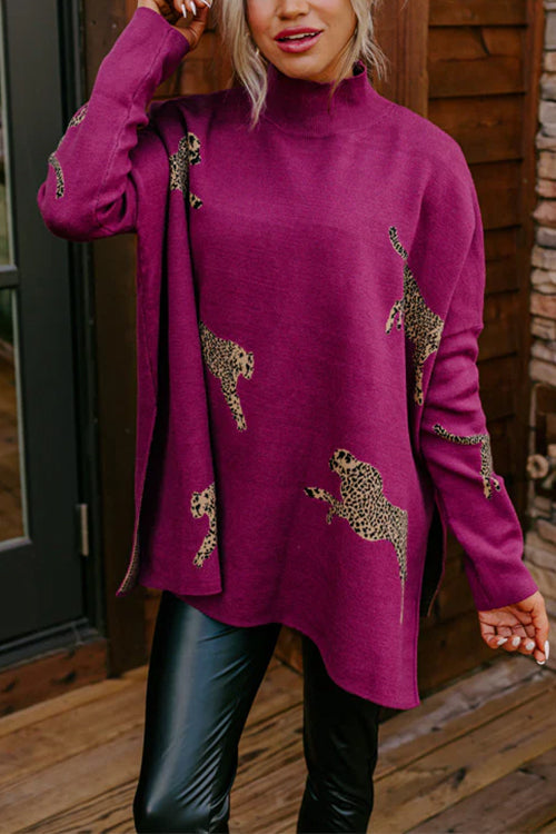 Karleedress High Neck Side Slit Cheetah Pattern Sweater