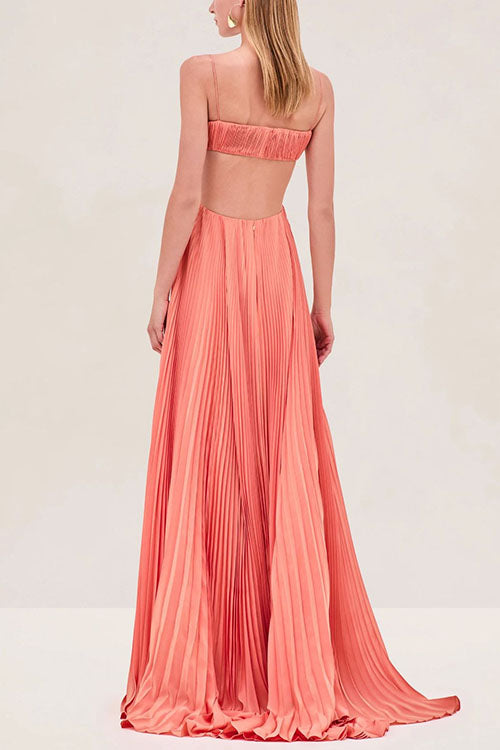 Karleedress Spaghetti Strap Back Cut Out Pleated Maxi Dress