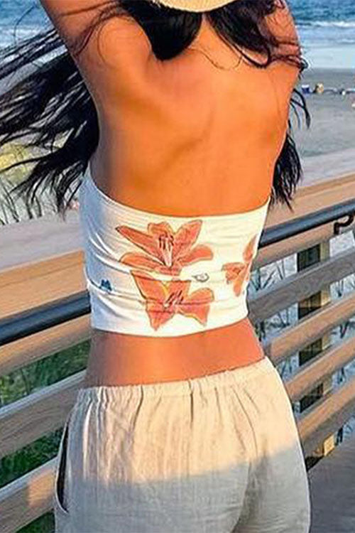 Karleedress Strapless Tube Floral Print Crop Top
