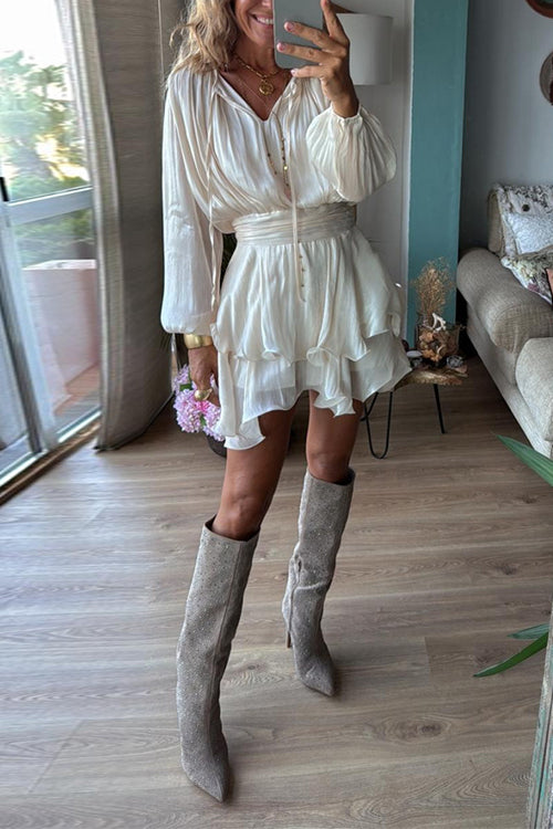 Karleedress Lantern Long Sleeves Waisted Ruffle Mini Dress