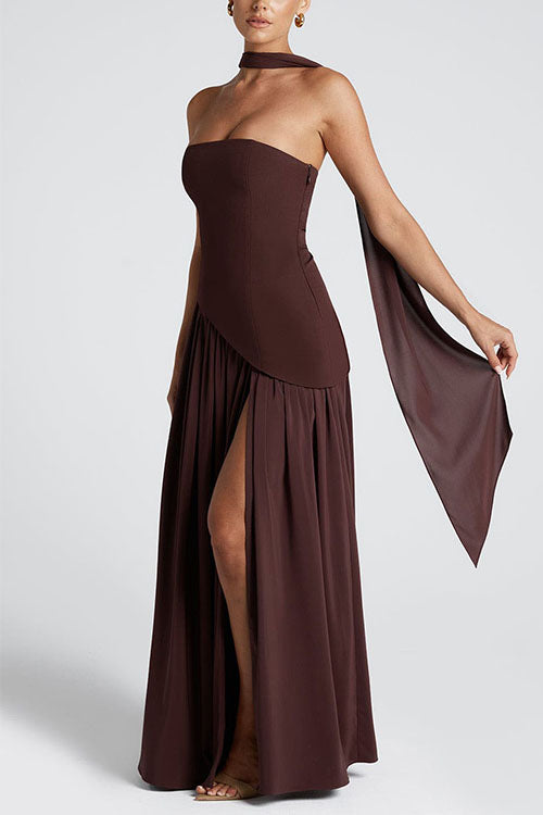 Karleedress Strapless Back Lace-up High Slit Splice Maxi Dress