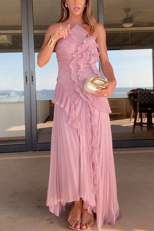 Karleedress Strappy Halter Neck Ruffle Trim Asymmetric Hem Pleated Maxi Dress