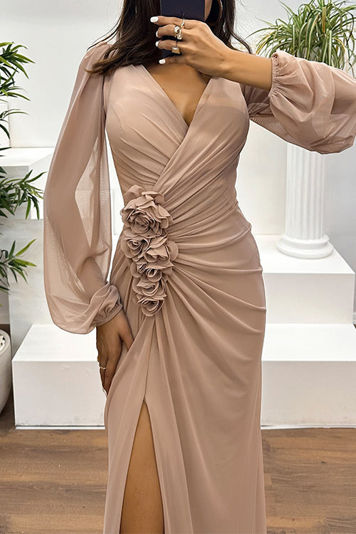 V Neck Long Sleeves Rose Detail Ruched Slit Maxi Dress