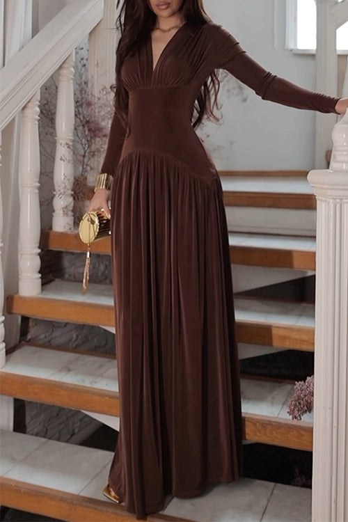 Karleedress V Neck Long Sleeves Waisted Velvet Maxi Dress