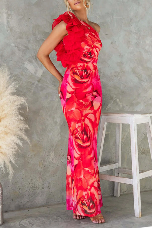 Karleedress Ruffle One Shoulder Floral Print Bodycon Maxi Dress