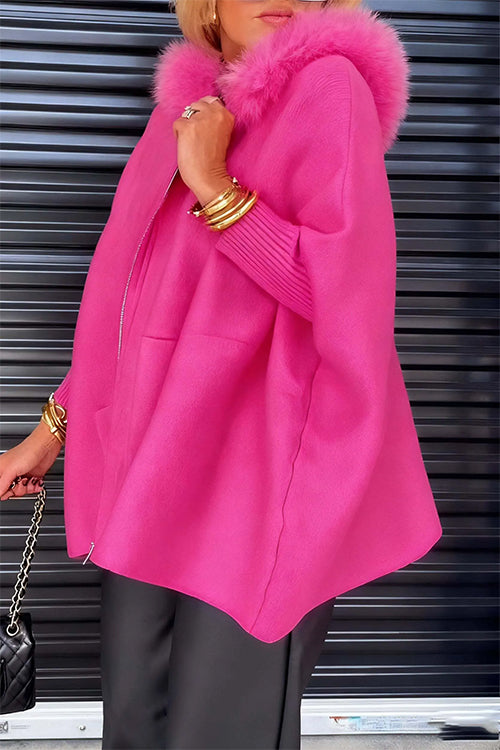 Karleedress Dolman Sleeves Zipper Up Pocketed Jacket with Faux Fur Hood