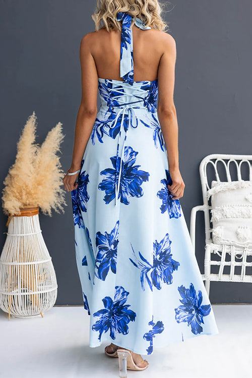 Halter V Neck Back Lace-up Waisted Floral Print Maxi Dress