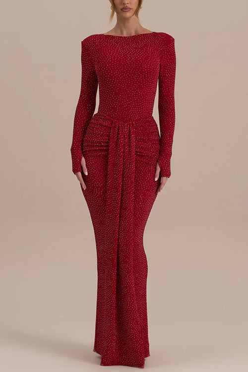 Back Slit Draped Rhinestone Sparkle Bodycon Maxi Skirt