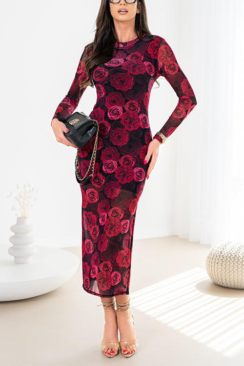 Long Sleeves Roses Print Side Slit Midi Dress