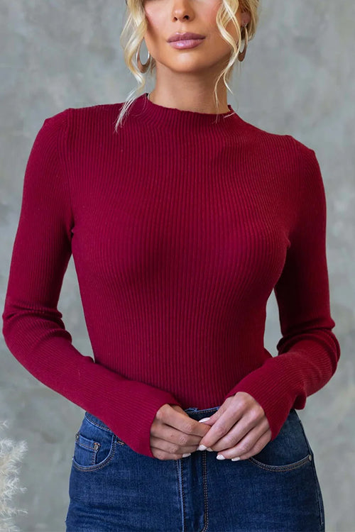 Karleedress Long Sleeves Solid Ribbed Knit Top