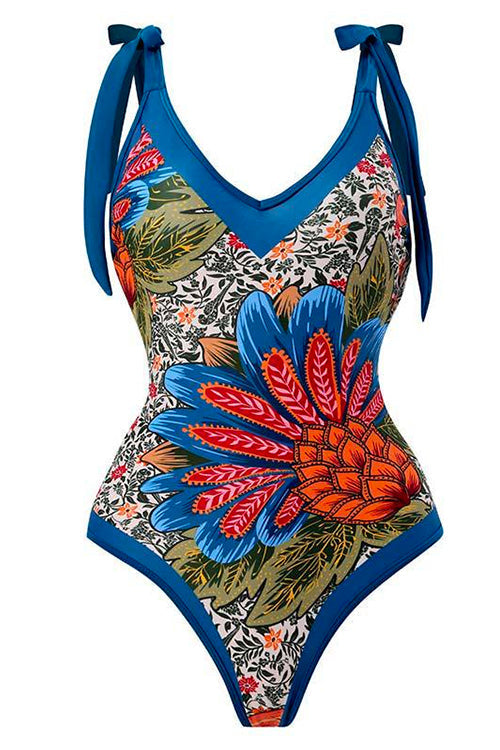 Karleedress V Neck Bow Shoulder One-piece Swimwear and Wrap Cover Up Skirt Printed Set