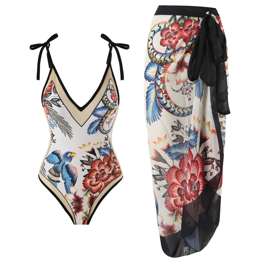 Karleedress Floral Print V Neck Tie Shoulder One-piece Swimwear and Wrap Cover Up Skirt Set