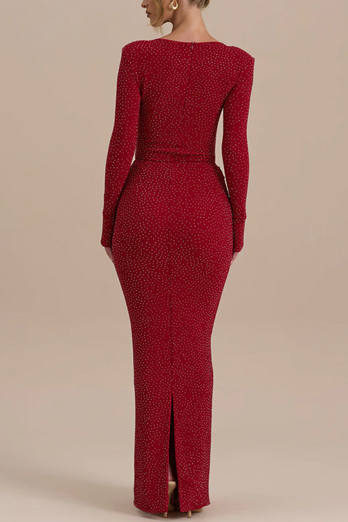 Back Slit Draped Rhinestone Sparkle Bodycon Maxi Skirt