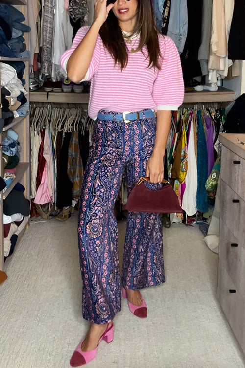 Crewneck Puff Half Sleeves Striped Pullover Sweater