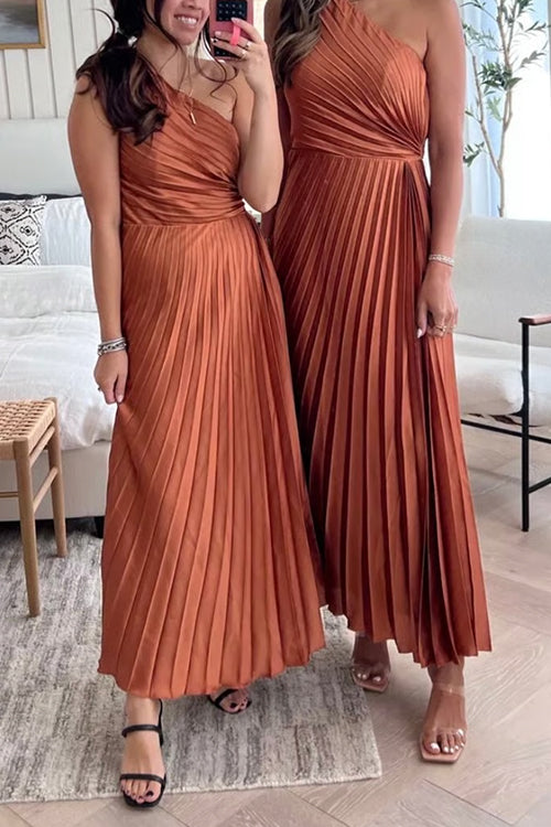 One Shoulder Sleeveless Pleated Satin Maxi Dress