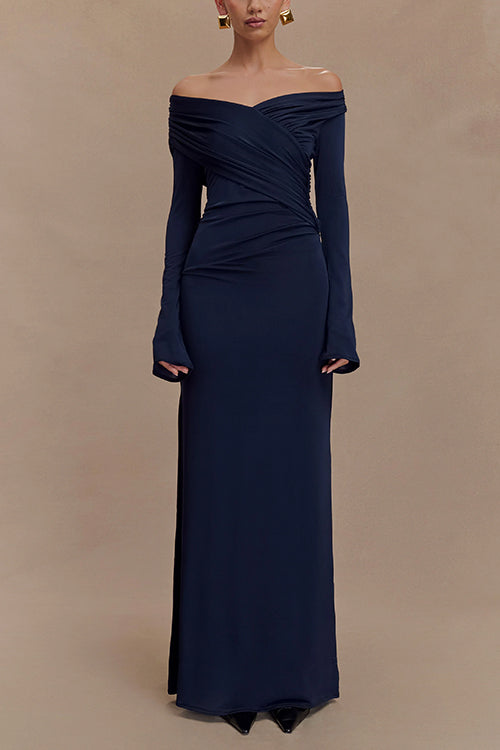 Elegant Off Shoulder Long Sleeves Ruched Maxi Dress