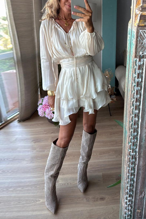 Karleedress Lantern Long Sleeves Waisted Ruffle Mini Dress