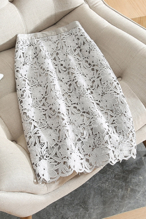 Karleedress High Rise Lace Hollow Out Midi Skirt