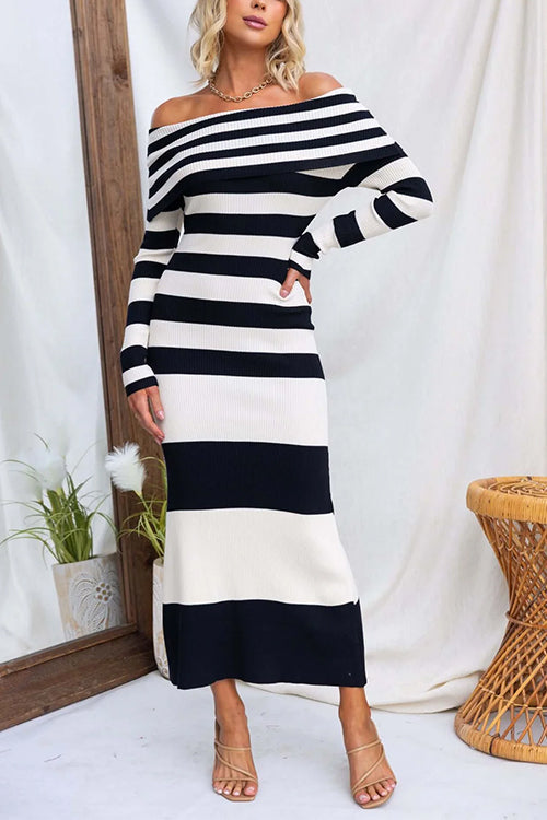 Off Shoulder Long Sleeves Striped Ribbed Knit Maxi Dress