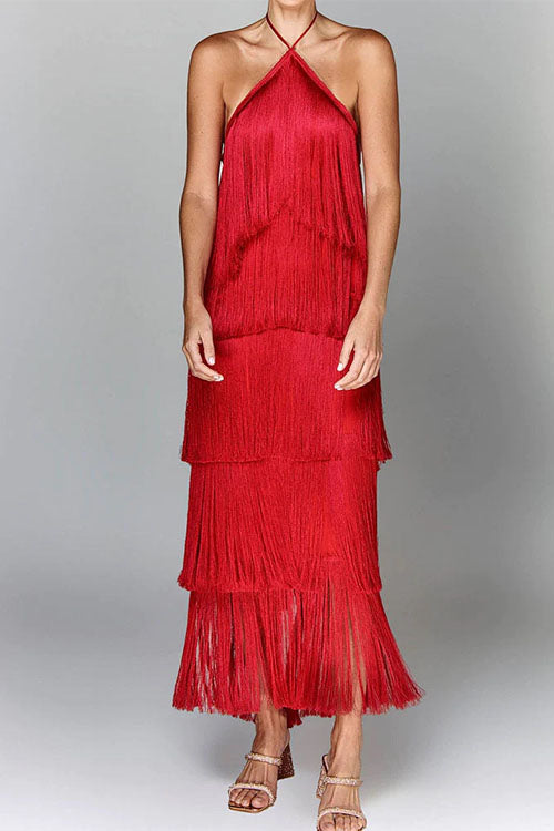 Karleedress Chicest Halter Ruffle Layered Fringe Maxi Party Dress