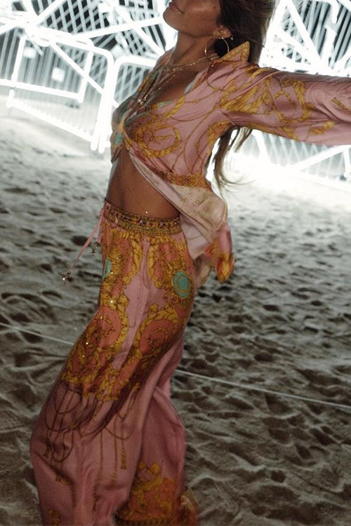 Karleedress Unique Print Lantern Long Sleeves Blouse Shirt and Wide Leg Pants Holiday Outfit Set