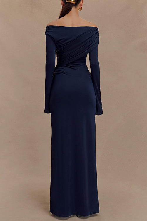 Elegant Off Shoulder Long Sleeves Ruched Maxi Dress