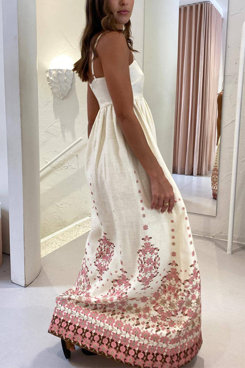 Karleedress Spaghetti Strap High Waist Floral Print Cotton Linen Maxi Dress