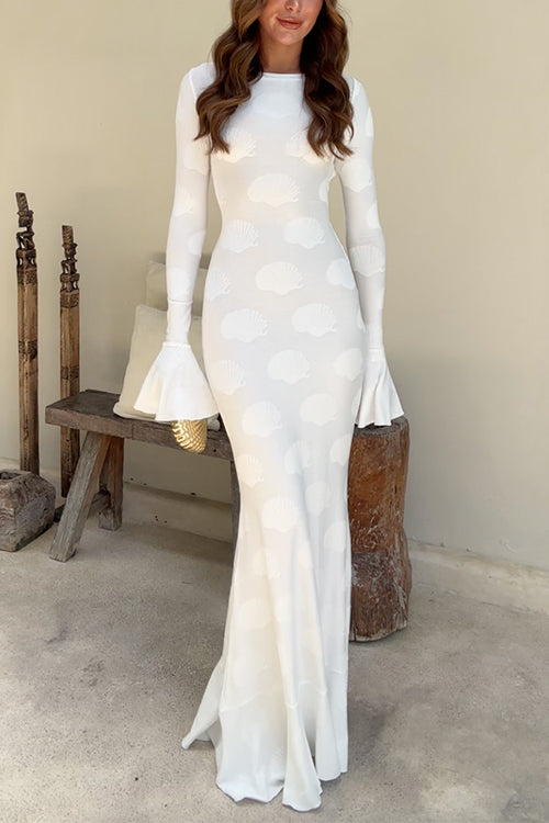 Karleedress Bell Long Sleeves Backless Lace-up Shell Print Maxi Dress