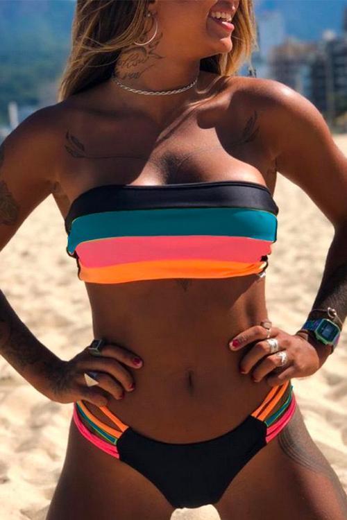 Karleedress Rainbow Striped Tube Top Bandeau Bikini Set