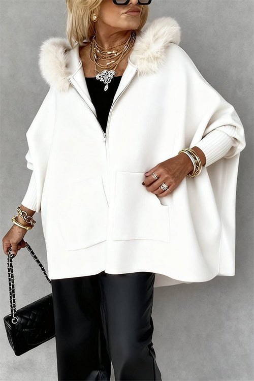 Karleedress Dolman Sleeves Zipper Up Pocketed Jacket with Faux Fur Hood