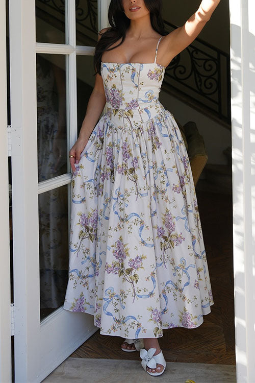 Karleedress Spaghetti Strap Floral Print Bustier A-line Maxi Dress