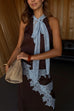 Sleeveless V Neck Lace Trim Satin Scarf Top
