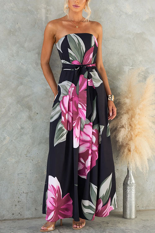 Strapless Tie Waist Wide Leg Floral Print Jumpsuit