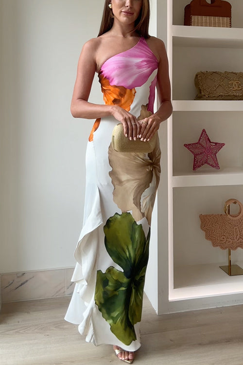 One Shoulder Side Draped Ruffle Slit Floral Print Maxi Dress