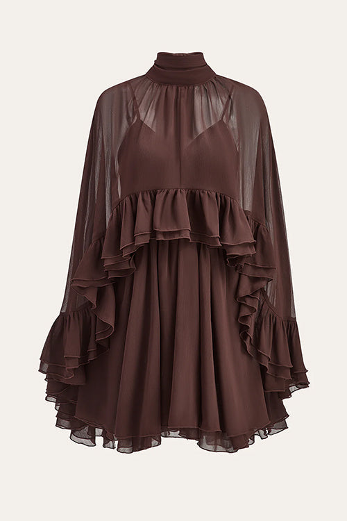 Chic High Neck Sheer Ruffle Hem Cape Mini Dress