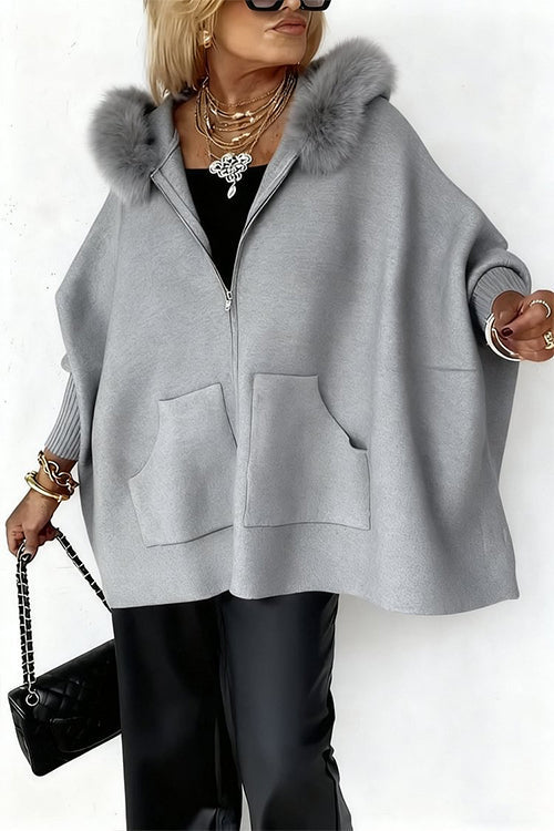 Karleedress Dolman Sleeves Zipper Up Pocketed Jacket with Faux Fur Hood