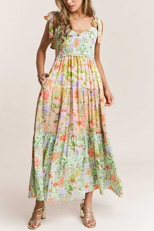 Karleedress V Neck Bow Shoulder Tiered Floral Print Maxi Dress