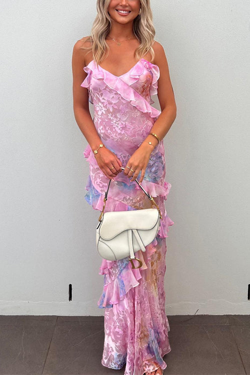 Karleedress Ruffle Trim Open Back Printed Maxi Cami Dress