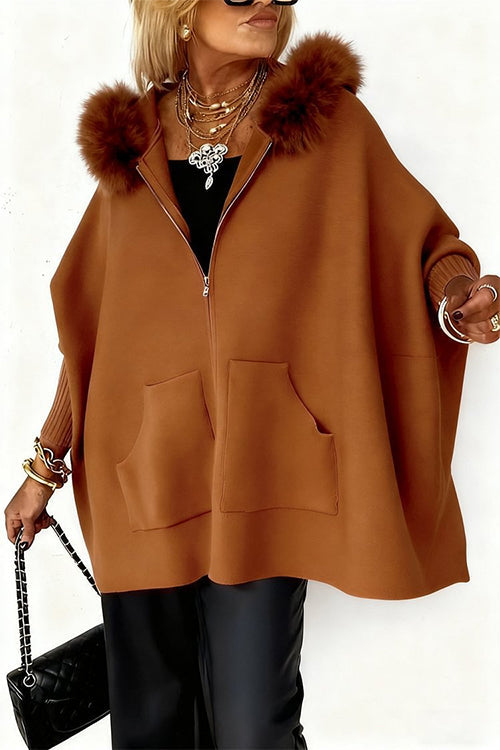 Karleedress Dolman Sleeves Zipper Up Pocketed Jacket with Faux Fur Hood