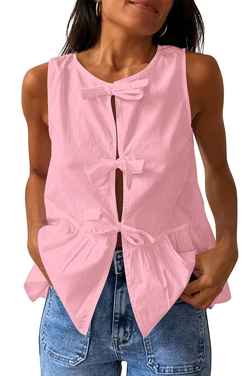 Karleedress Bow Front Sleeveless Cotton Linen Ruffle Top(in 6 Colors)