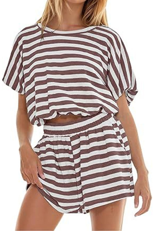 Karleedress Striped Short Sleeves Crop Top and Elastic Waist Pocketed Shorts Set