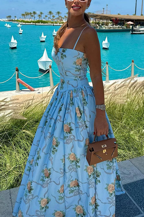 Karleedress Spaghetti Strap Waisted Floral Print A-line Maxi Dress