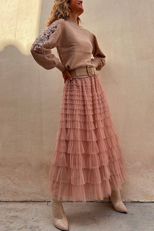 Karleedress Tulle Layered Ruffle Mesh Maxi Skirt