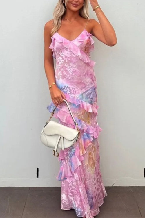 Karleedress Spaghetti Strap Backless Ruffle Trim Printed Maxi Dress