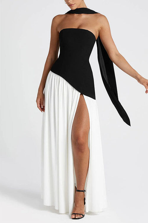 Karleedress Strapless Back Lace-up High Slit Splice Maxi Dress